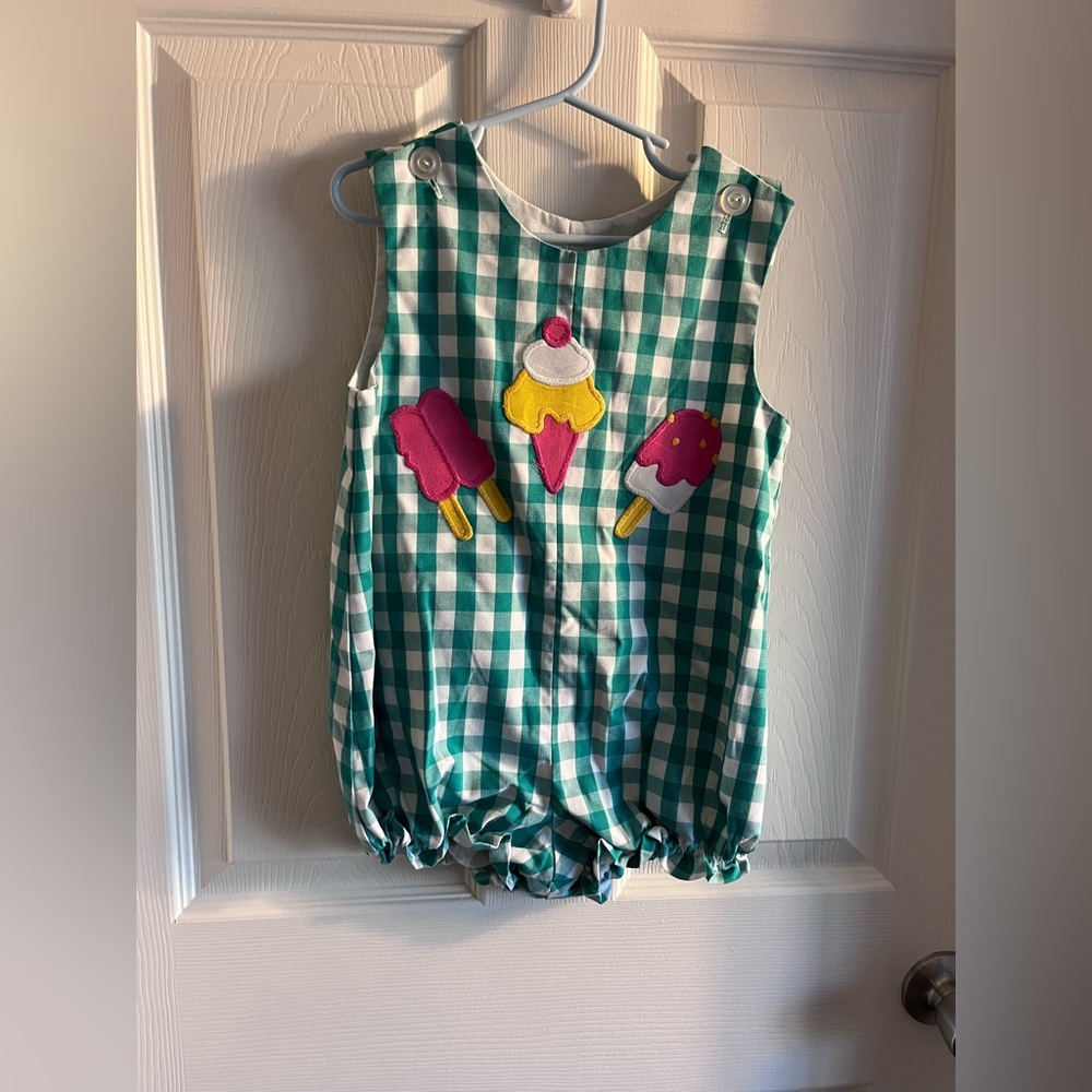 Vintage Kelly’s Kids Green Gingham Baby Romper with Ice Cream Appliqué